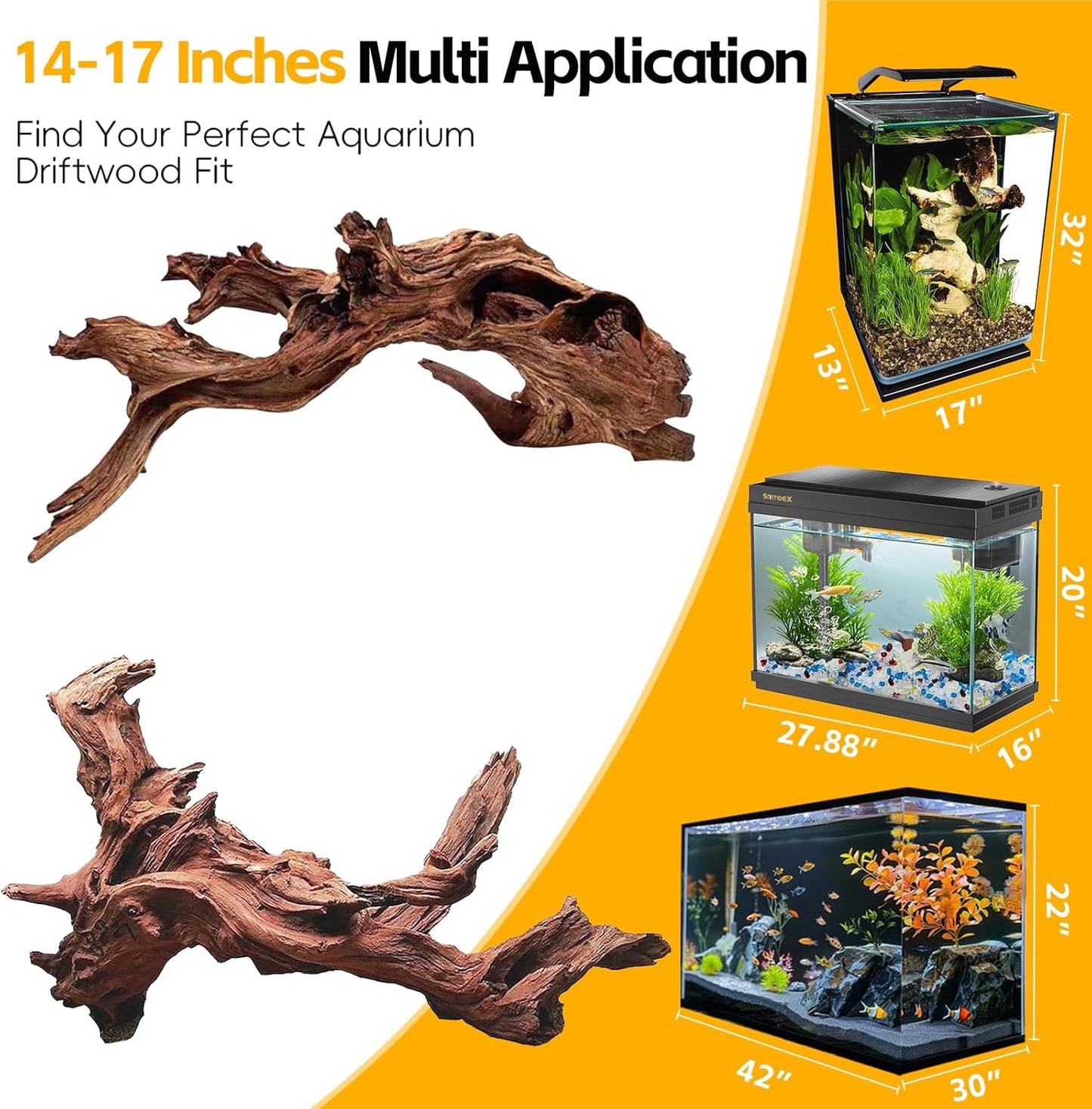 Natural Driftwood for Aquarium Decor – Unique Size Real Wood Branches for Fish Tank, Reptile Habitat, Terrarium, Hermit Crab, Shrimp Tank,Safe for Aquatic Pets (13-18 INCH, Mopani Driftwood)