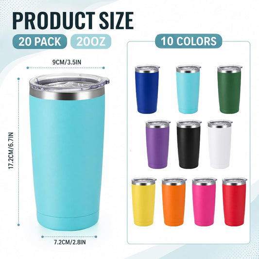 20 Pack Stainless Steel Tumbler Bulk 20oz Insulated Vacuum Travel Mug Powder Coated Coffee Mug Gift for Laser Engraving, Assorted Colors