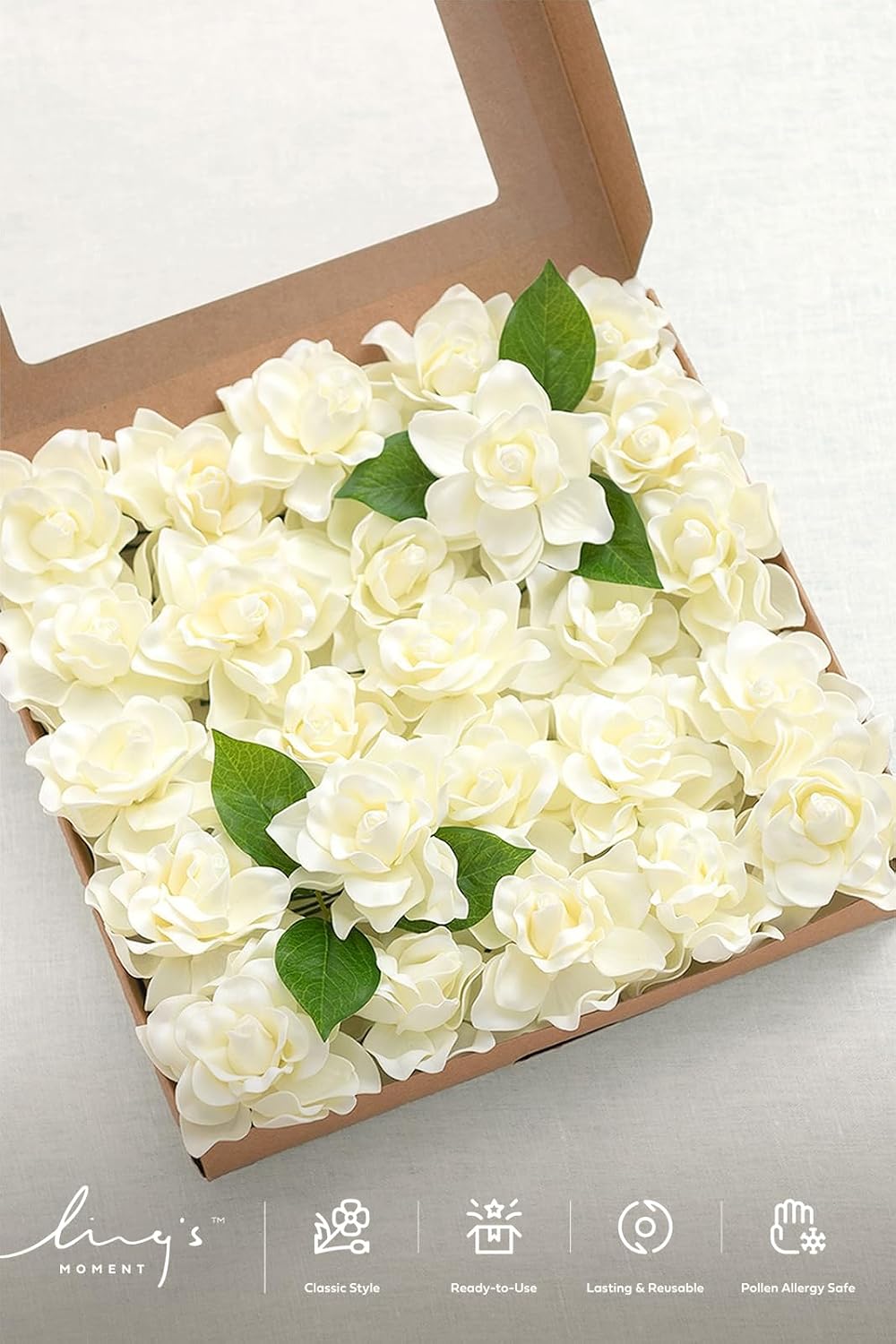 White Artificial Gardenia Flowers with Stems, 25 pcs