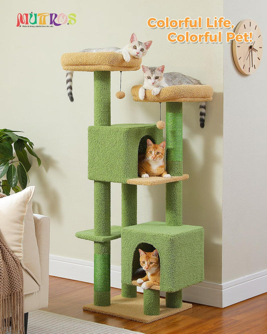 Cactus Cat Tree for Adult Cats with Super Large Top Perch, 56.3" Cat Tower for Cats with Plush Hammock, Dangling Pompom, Cat Scratching Posts and 2 Condos, Green House