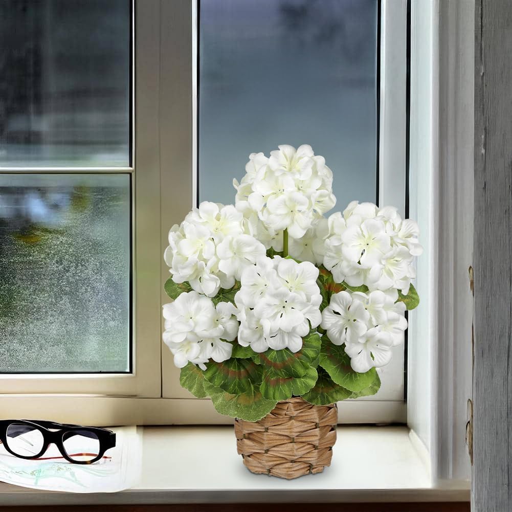 Artificial Geranium Potted Plant – 16” Tall, Realistic Silk Flowers with Vibrant Green Leaves, Pink White Geraniums Fake Flowers for Outdoors Home Décor, Wedding Farmhouse Office Tables Decor