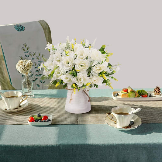 Artificial Flowers with Vase for Table Centerpieces,Fake Silk Gardenia Flower in Vase Decoration for Home Office Party (White)