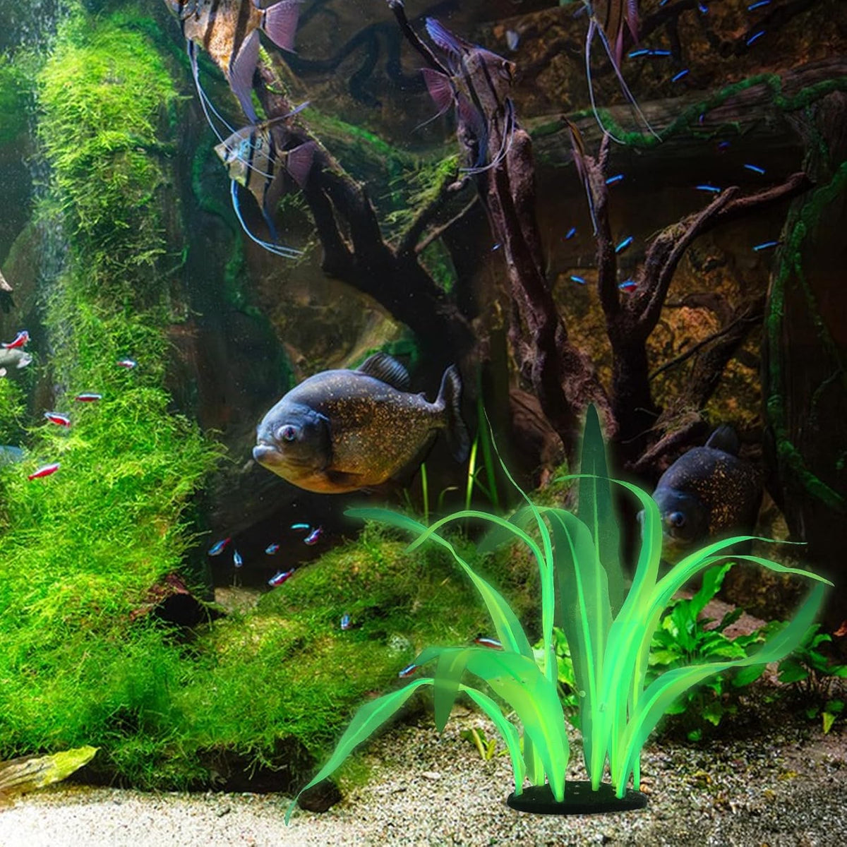 Silk Aquarium Plants, 7 Inch Tall Floating Glowing Decoration Plant Simulation Artificial Aquarium Plant Silk Fish Plants for Betta Fish Tank Decor Accessories, Green