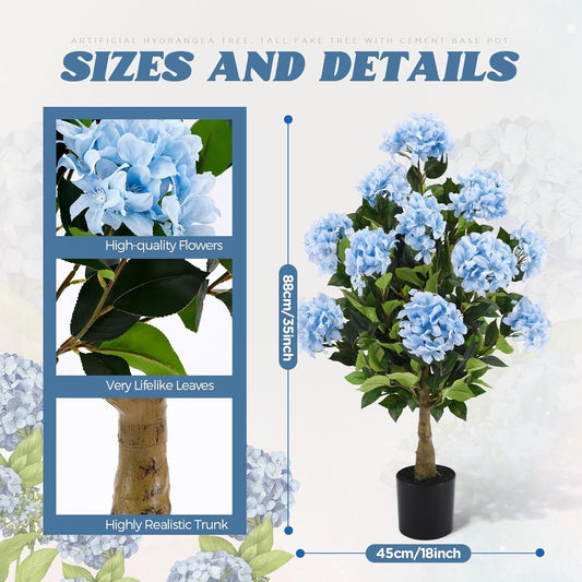 2 Pack 3ft Purple Artificial Hydrangea Tree Faux Hydrangea Tree UV Resistant Faux Silk Plant with Cement Base Pot Realistic Topiary Plant for Indoor Outdoor Garden Office Home Porch Patio Decor