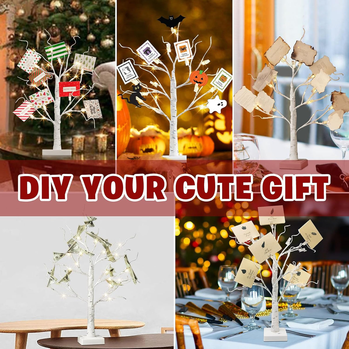 Lighted Birch Tree Christmas Decorations for Home, White Birch Tree with Lights, 24 LED Lighted Mini Money Tree Twig Tree Battery Operated with Timer, Indoor Table Centerpiece Decor (2FT)