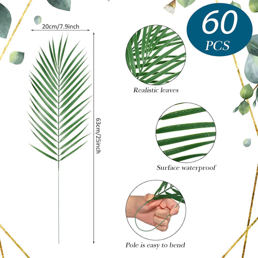 60 Pcs 25 Inch Palm Leaves Bulk, Large Artificial Tropical Palm Frond for Wedding Flower Arrangement, Faux Greenery Branches for Church Sunday Christian Decor, Hawaiian Jungle Safari Party