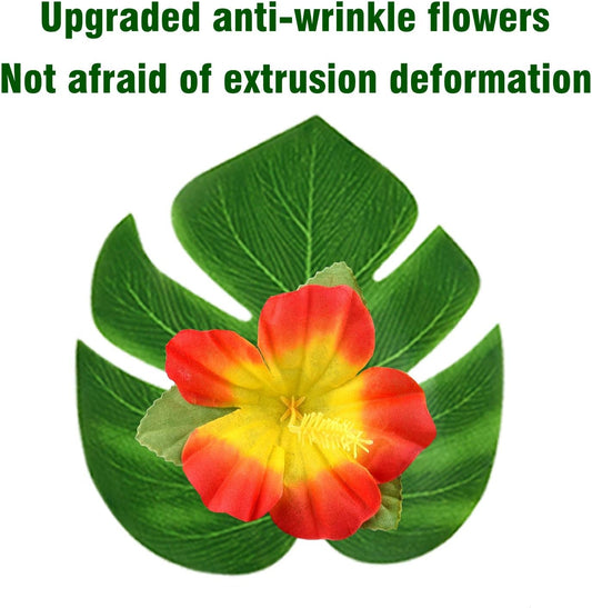 60 Pcs Wrinkle Prevention Flowers and Tropical Leaves for Tropical Party Decorations Supplies, Artificial Hibiscus Flowers Tropical Palm Leaves for Hawaiian Safari BBQ Luau Party Decorations