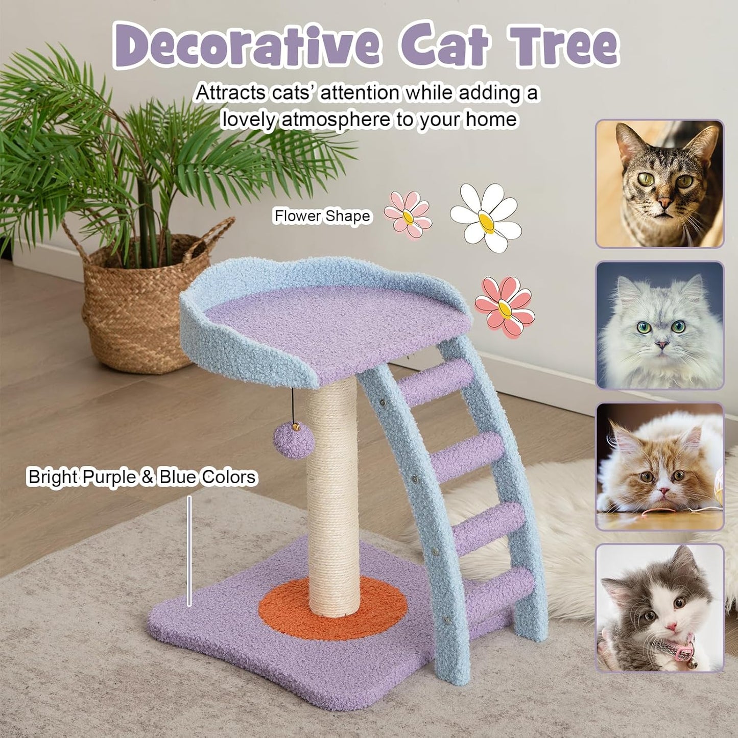Cute Cat Tree, Flower Cat Tower with Sisal Scratching Post, Plush Leaf-Shaped Perch, Roomy Condo, Fluffy Spring Ball & Jingling Ball, Small Cat Tree for Indoor Cats 20 lbs Heavy Duty