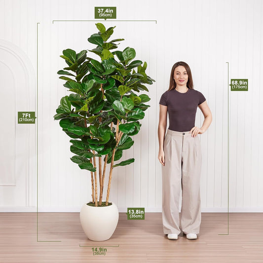 7ft Artificial Fiddle Leaf Fig Tree, 4 Real Wood Trunks