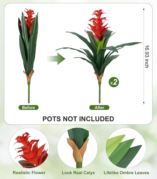 Fake Flowers Plants for Outdoors, 2 Pcs 16.93" Bromeliad Artificial Flowers Uv Resistant Realistic Faux Flowers for Outdoor Planters Outside Porch Patio Yard Garden Indoor Decoration(Red)