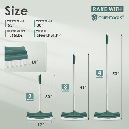Artificial Turf Rake, Curved Grass Rake with 4-Section Adjustable Steel Handle from 30" to 53", Hand Telescopic Brush, for Artificial Turf, Patios, Carpets, Pet Hairs and Garden Lawn Clean