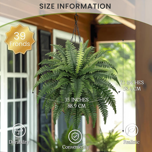 35" Fake Ferns Artificial Bush Plants for Outdoors, 2-Pack | UV-Resistant, Large Artificial Boston Ferns, 39 Fronds Each, Zero Maintenance, Pet Friendly, Outdoors Home Décor