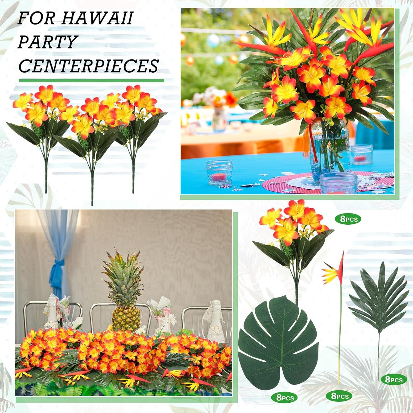12 Set/ 48 Pcs Artificial Tropical Flower Bouquets Bulk for Hawaii Centerpieces Bird of Paradise Lily Bouquet Permanent Flower Tropical Plant Party Office Home Decor (Multiple Color)