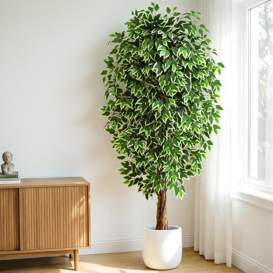 7ft Large Ficus Artificial Trees with Natural Curved Trunks, 84" Tall Lush Faux Tree for Home Decor Indoor, Green Lifelike Fake Ficus Tree 1pcs