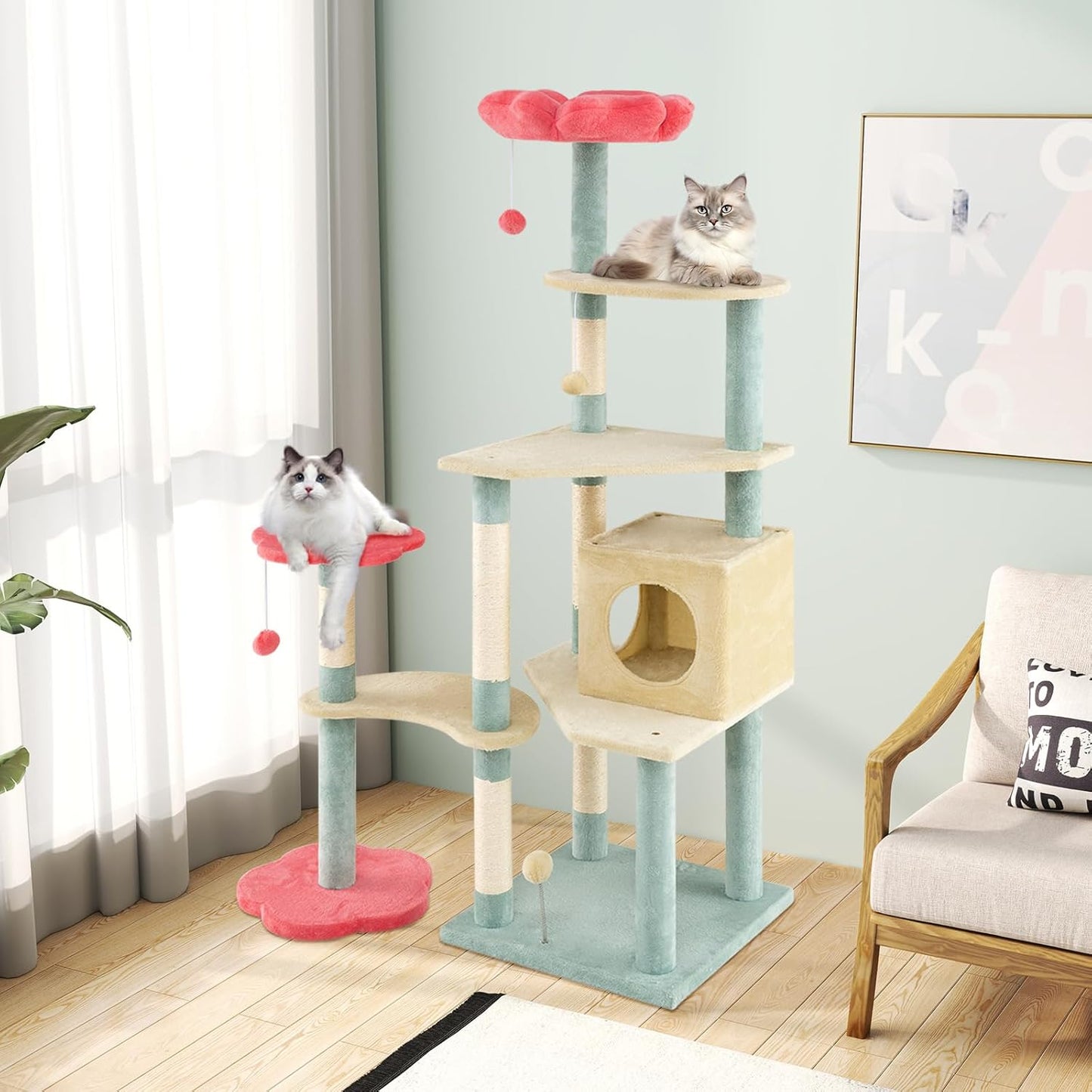 Flower Cat Tree, 49 Inch Multi-Level Aesthetic Floral Kitten Tower with Flower-Shaped Plush Padded Perch, Condo, Sisal Scratching Posts, Dangling Ball, Cute Cat Tree Tower for Indoor Cats