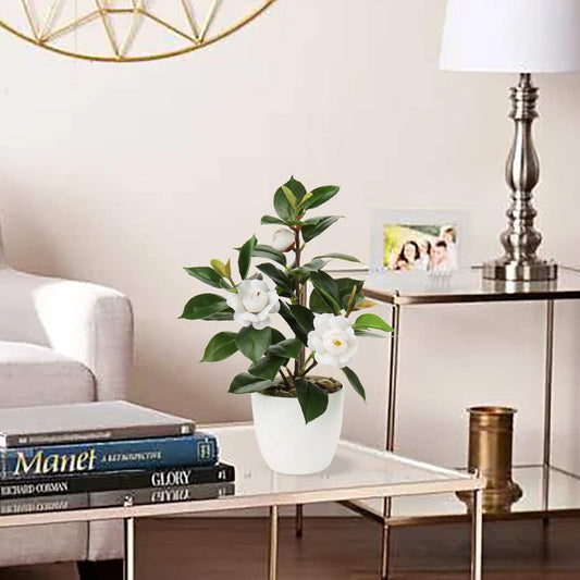 Artificial Plants Mini Camellia Potted Fake Plants Small Faux Plastic Plants Desk Plant Artificial Flowers with Vase for Home Office Desk Kitchen Garden Indoor Decor