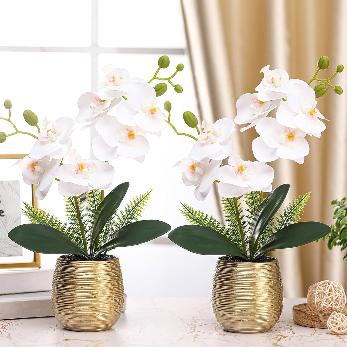 2 Pcs Orchids Artificial Flowers in Gold Ceramic Vase 13'' White Fake Flowers Phalaenopsis Faux Orchid for Home Office Wedding Party Dining Room Table Centerpiece Decoration
