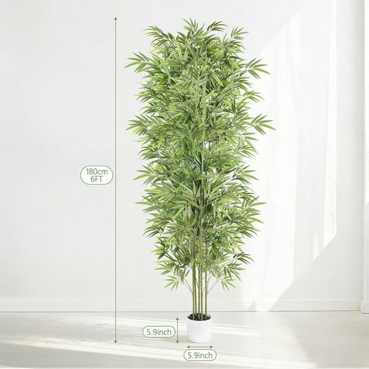 Artificial Bamboo Tree 6FT Tall, Fake Bamboo Plant with White Planter, Easy Assembly Realistic Faux Silk Tree with 5 Trunks, Lifelike Greenery for Home Office Living Room Corner Indoor Decor