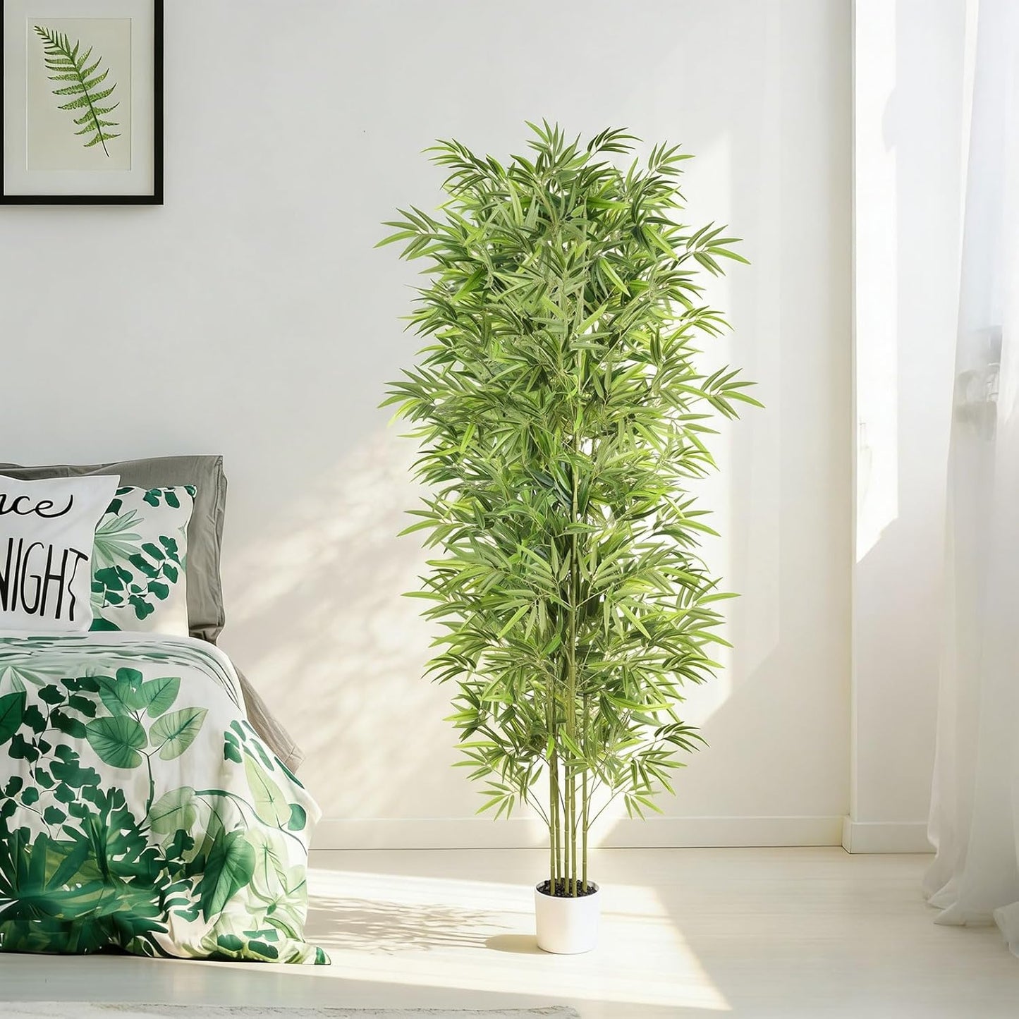 Artificial Bamboo Tree 6FT Tall, Fake Bamboo Plant with White Planter, Easy Assembly Realistic Faux Silk Tree with 5 Trunks, Lifelike Greenery for Home Office Living Room Corner Indoor Decor