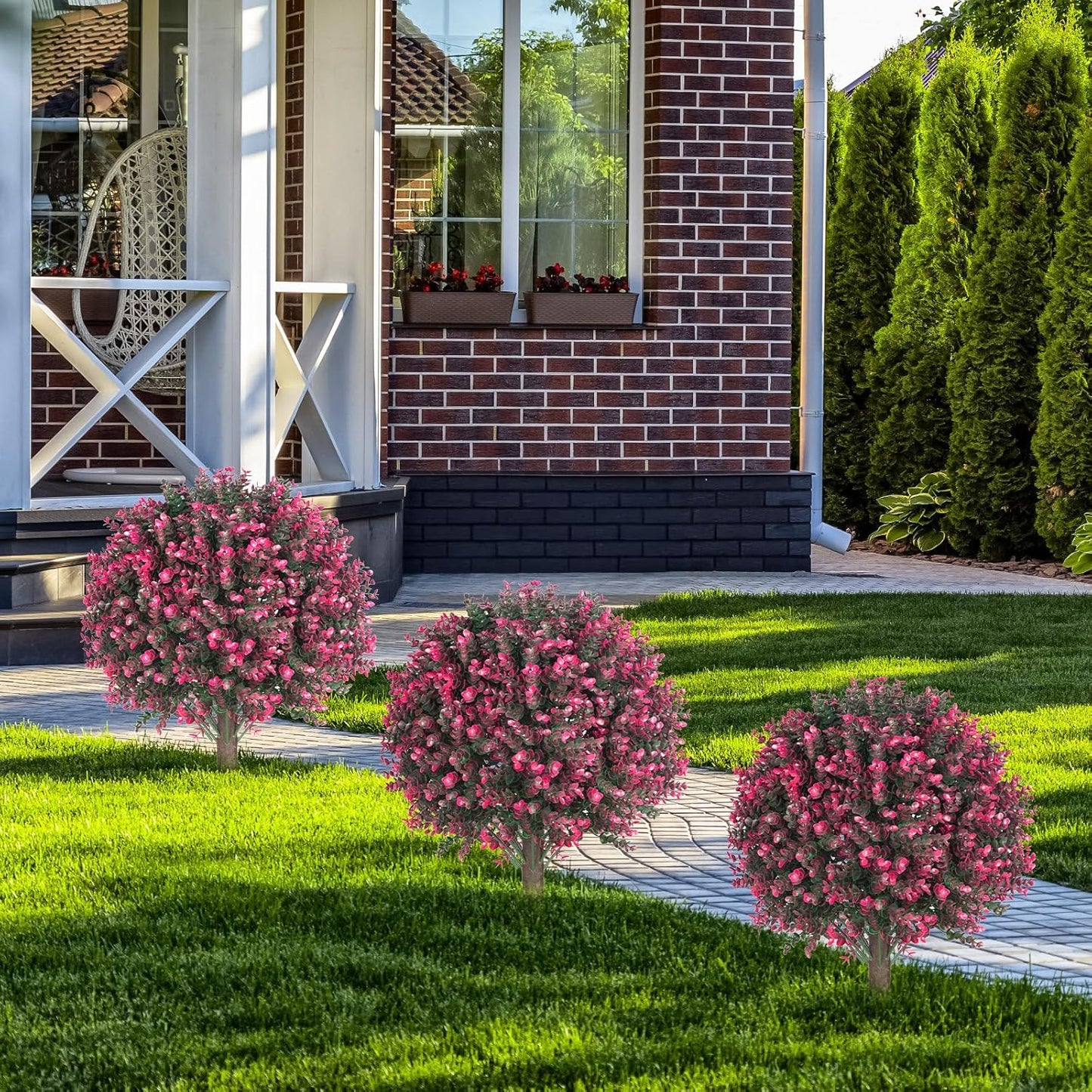 24" Artificial Boxwood Topiary Bushes UV Resistant for Outdoor 2PCS | Artificial Shrubs with Ground Spike, Orange Faux Outdoor Plants for Indoor & Outdoor Garden, Yard, Porch, Patio