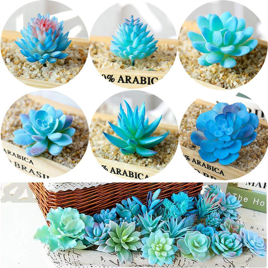 10 PCS Artificial Succulent Plants, Blue Fake Succulent, Unpotted Faux Succulent Assortment in Flocked Blue in Different Type for Birthday Home Decor Indoor Wall Garden DIY