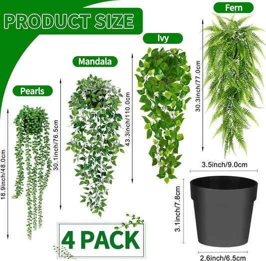 Artificial Hanging Plants for Shelf, 4 Pack Fake Potted Greenery Plant Faux Mandala Vine, String of Pearls, Ivy Vine,Persian Grass Fern in Pot for Desk Home Bathroom Farmhouse Room Table Decor