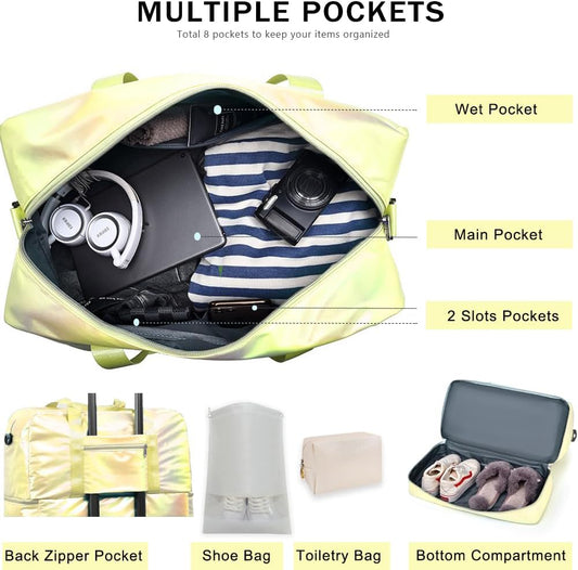 Gym Bag for Women Sports Travel Duffel Bag with Toiletry Bag Weekender Overnight Carry On Bag with Shoes Compartment Wet Pocket for Girls Yoga Workout Swim Bags Yellow
