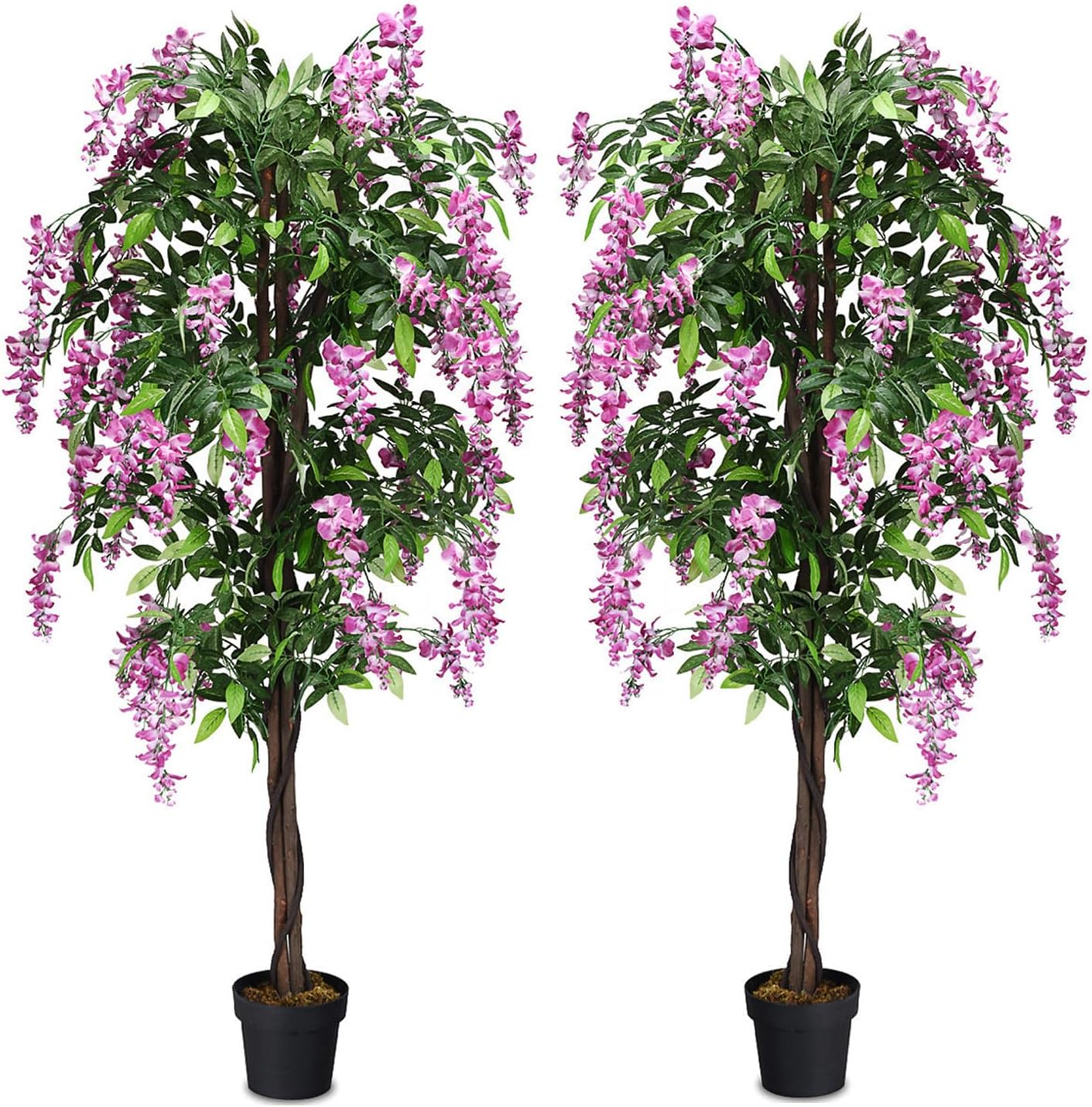 Artificial Wisteria Tree, Purple Red Wisteria w/Pot, Flowers, 2 Trunks, 1260 Leaves, Tall Artificial Trees Potted Plants for Outdoors, Home, Office, Garden, Living Room, Set of 2