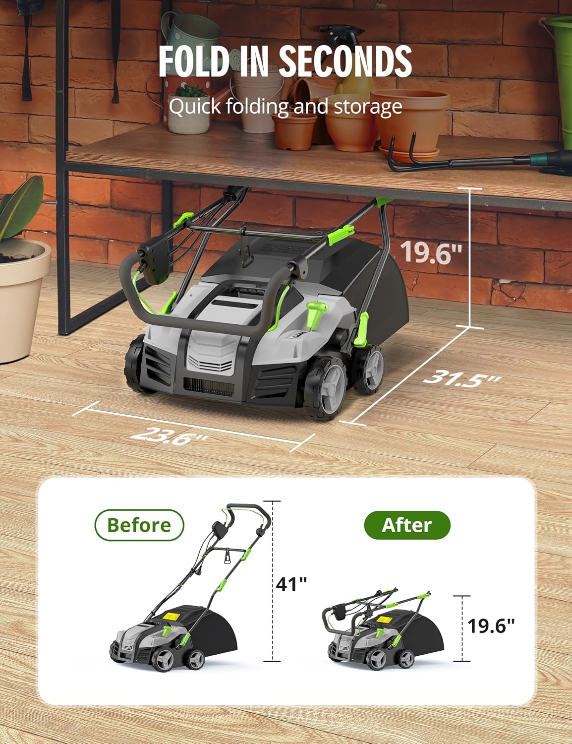 16” Artificial Turf Sweeper, 2000w Artificial Turf Vacuum Grass Sweeper 15 Amp Lawn Sweeper Yard Power Brush with 55L Removable Leaf Collection Bag, Quick-Fold, Keeps Clear Sweepy Box, Celadon