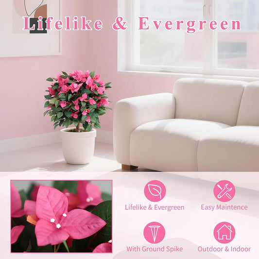 24inch Artificial Bougainvillea Flowers Trees with Ground Spike, Fake Bougainvillea Topiary Ball Tree with Flowers, Faux Azalea Plants for Outdoor Indoor Garden Yard Front Porch Decer (Set of 2)