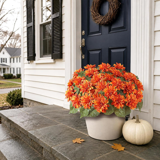 2 Set 20"Fall Artificial Dahlia Flower Topiary Ball Trees for Porch(Orange) | with Pots,No Assembly Required,UV Resistant Faux Floral Shrub Potted,for Front Door Farmhouse Outdoor Autumn Decor