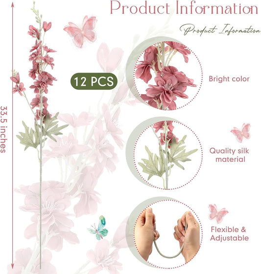 Thiccywoov 12 Pcs Delphinium Artificial Flowers, 33.5'' Long Stem Lifelike Faux Silk Flower Fake Look Real Bouquet for Tall Vase DIY Wedding Party Home Kitchen Arrangement Decor(White)