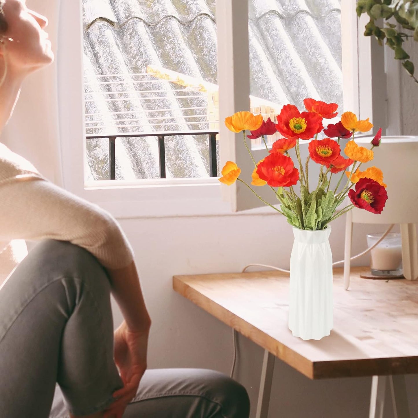 Artificial Poppies, Red and Orange Silk Poppies Artificial Flowers - 15 Blooming California Poppy Flower Artificial Plus 5 Buds for Home Decoration, RDOR5