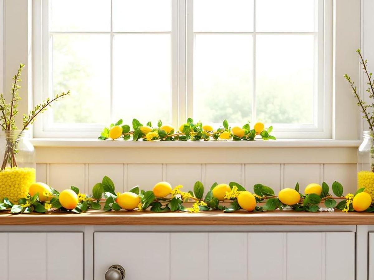 2PCS Artificial Lemon Garland (11Ft Total), Faux Fruit Vine with Greenery for Wedding Party, Wall Mantle Table Decor, Spring Summer Kitchen Door Decoration