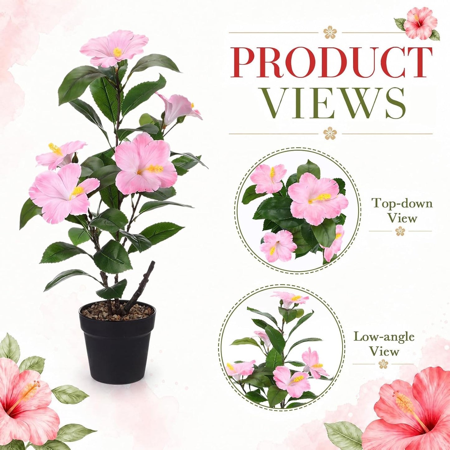 3 Pack Artificial Hibiscus Plant 24 Inch/ 2 ft Realistic Faux Hibiscus Flower in Pot Fake Flowers Potted Plant for Indoor Home Office Farmhouse Entryway Living Room Decor (White, Orange, Pink)