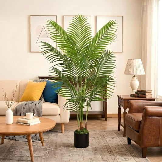 Artificial Palm Tree, 6FT Tall Fake Plant, Faux Tropical Areca Tree | Fake Palm Tree with White Planter, Realistic Silk Floor Plants For Outdoor Indoor House Living Room Office Patio Decor
