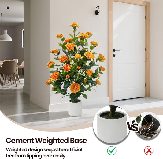 Artificial Camellia Tree, 3FT Faux Flowering Camellia Plant Indoor Outdoor, Realistic Silk Artificial Flower in Planter, Greenery Faux Fake Tree Plant for Home Office Porch Patio Decor, Orange