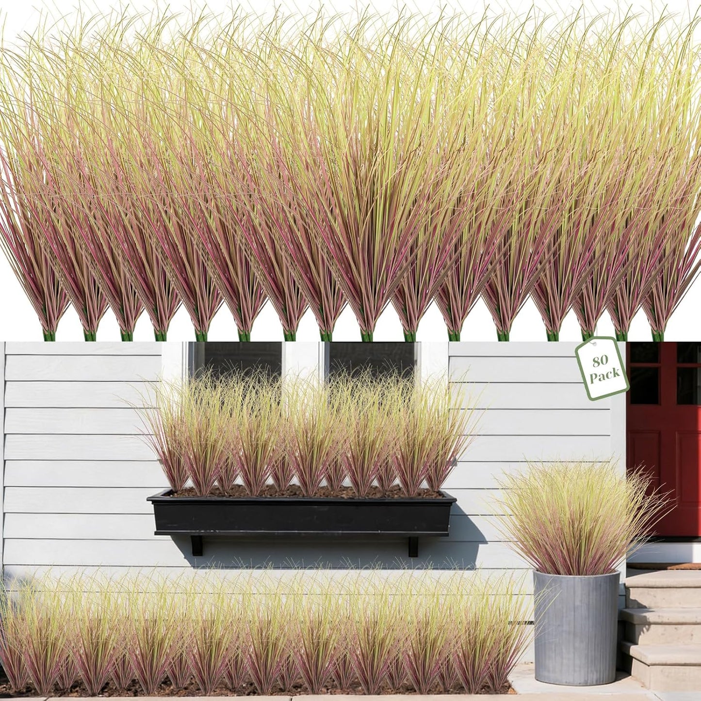 20 Bundles Fake Grass Plants Artificial Plants Outdoor Faux Plants Tall Shrubs Wheat Grass Greenery Stems UV Resistant Onion Grss For Outside Planters Indoor Room Vase Home Decor(Green Red Tail)