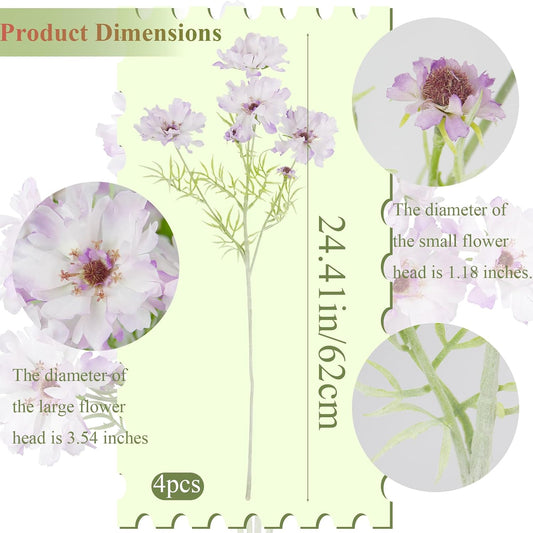 4 Pcs Artificial Wildflowers Bulk Spring Decor Purple Silk Wild Flowers Fake Cosmos with Long Stems 24" Faux Flowers Arrangements for Wedding Bouquet Table Centerpiece Planter Outdoor Cemetery