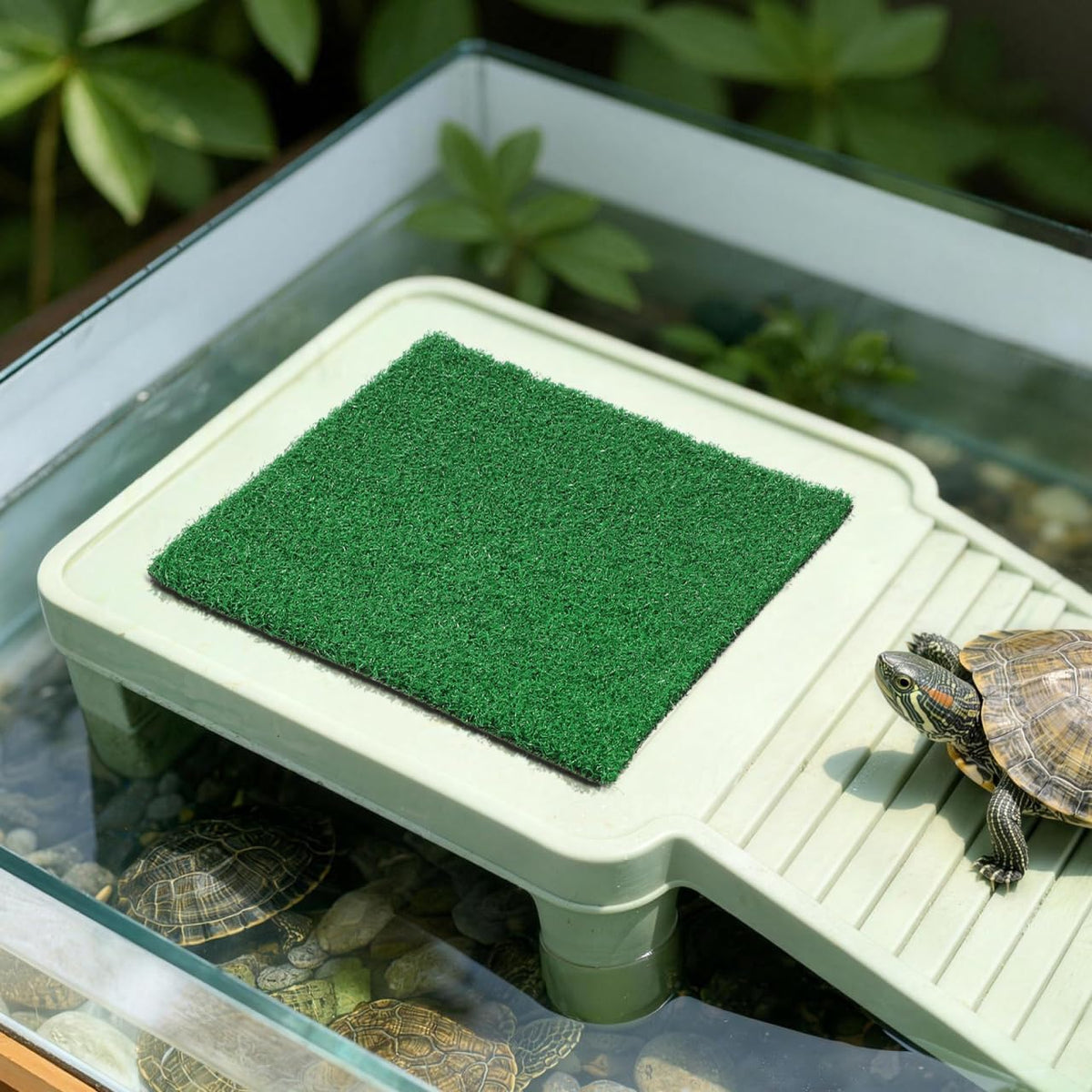 9.83" Turtle Basking Platform Artificial Grass Turf Square Mat, Non-Slip Cuttable Reptile Tank Accessory for Aquatic Turtles, Lizard, Snake, Turtle Tank Accessories & Aquarium Grass Decor
