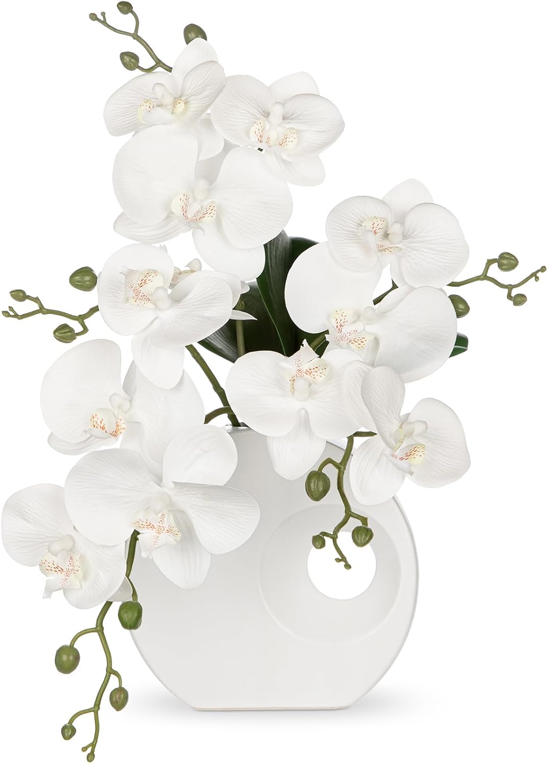 Artificial Orchid Flowers in Black Modern Ceramic Vase 15.7" Tall White Faux Orchid Arrangement Silk Orchid Flower Fake Orchid Centerpiece for Home Office Room Wedding Table Décor