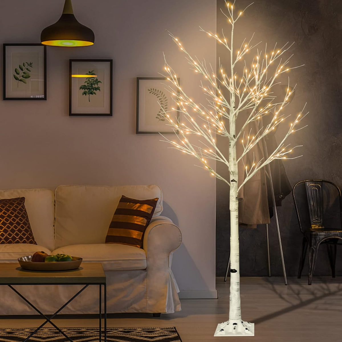 6FT Lighted Birch Tree with 160 LEDs Warm White Lights, 8 Functions Remote Faux Tree with Lights for Indoor Outdoor Summer Christmas Holiday Party Decoration