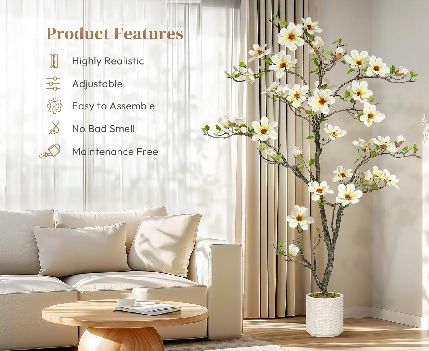 6FT Faux Magnolia Plants Artificial Flower Trees Fake Plants For Yard Patio Home Office Arrangement Decor Indoor Outdoor Artificial Magnolia Tree Inc. 180 Realisc Flowers Vivid Leaves Mosses White Pot