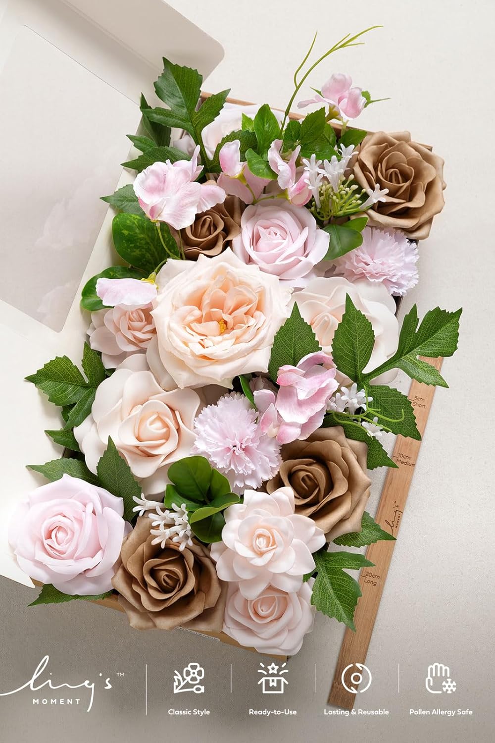 Fake Flowers Box, Faux Artificial Greenery Stems Foam Roses Poppy Gardenia Silk Hydrangea Peony Fabic Flower for Centerpieces Bouquet Wedding Floral Vase, English Pastel, Deluxe Combo