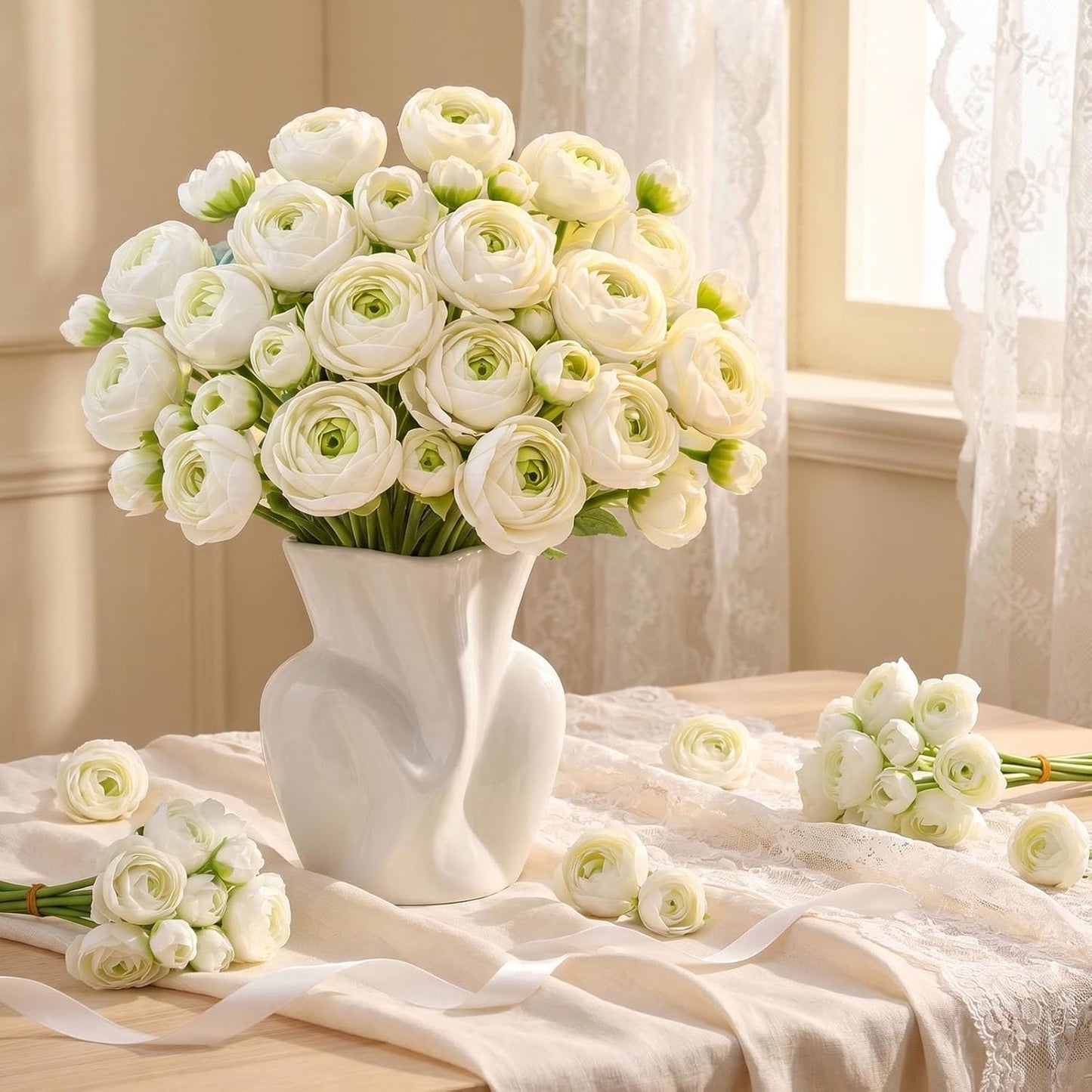 24 PCS Ranunculus Artificial Flowers, Faux Mini Ranunculus Bulk | Realistic Silk Ranunculus Bouquet for DIY Bouquets, Bridal Shower Decorations, Centerpieces, Arrangements, White