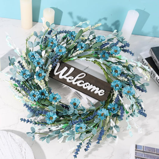 24inch Artificial Blue Forsythia Flower Wreath for Front Door Spring Summer Daisy Lavender Wreaths All Year Around Farmhouse Wild Wreath with Welcome Sign for Outdoor Wall Window Garden Porch Decor