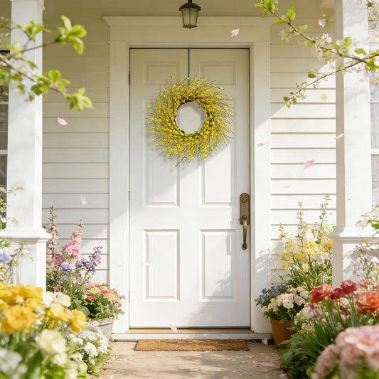 20inch Artificial Forsythia Flower Wreath, All Year Around Wreath for Front Door, Wedding Window Home Wall Indoor Front Door Decor (Yellow, 20in)