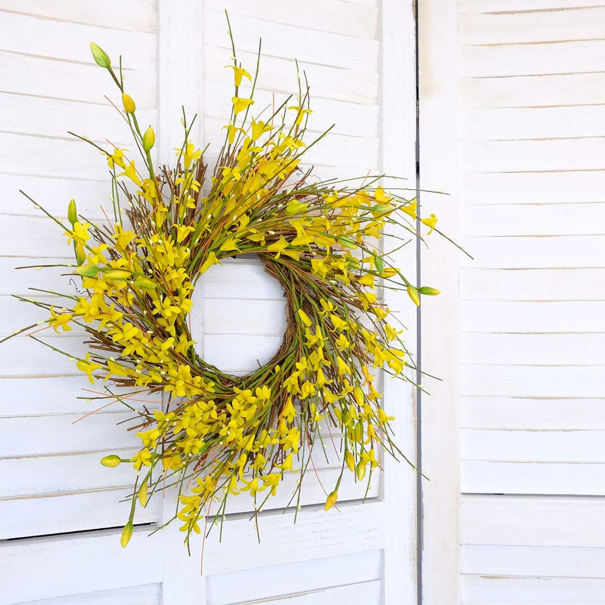 20inch Artificial Forsythia Flower Wreath, All Year Around Wreath for Front Door, Wedding Window Home Wall Indoor Front Door Decor (Yellow, 20in)