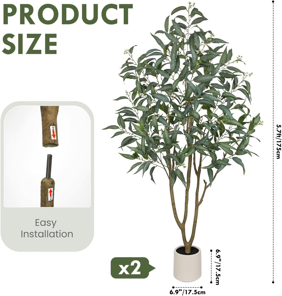 Eucalyptus Trees Artificial Indoor - 3FT Tall Faux Eucalyptus Plants in White Planter, Fake Plant Décor for Farmhouse Bedroom Office Room Hallway Decoration