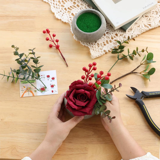 DIY Small Artificial Flowers Potted Kit Fake Flower Realistic Silk Rose and Greenery with Vase for Gifts Table Centerpiece Mantle Office Desk Shelves Living Room Decorations (Burgundy)